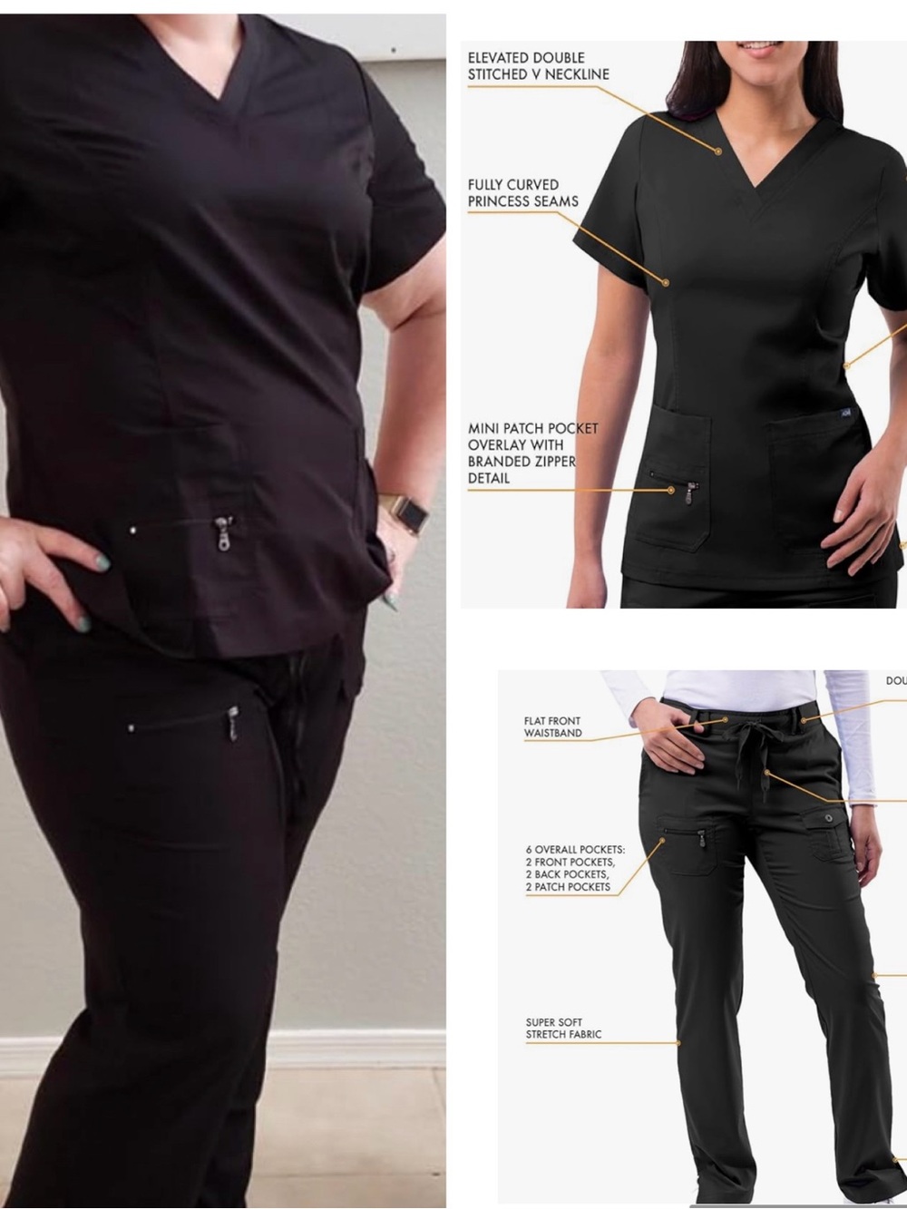 ADAR Slimming Women's Black Utility Scrub Set V-Neck Top & Drawstring Pants 2X